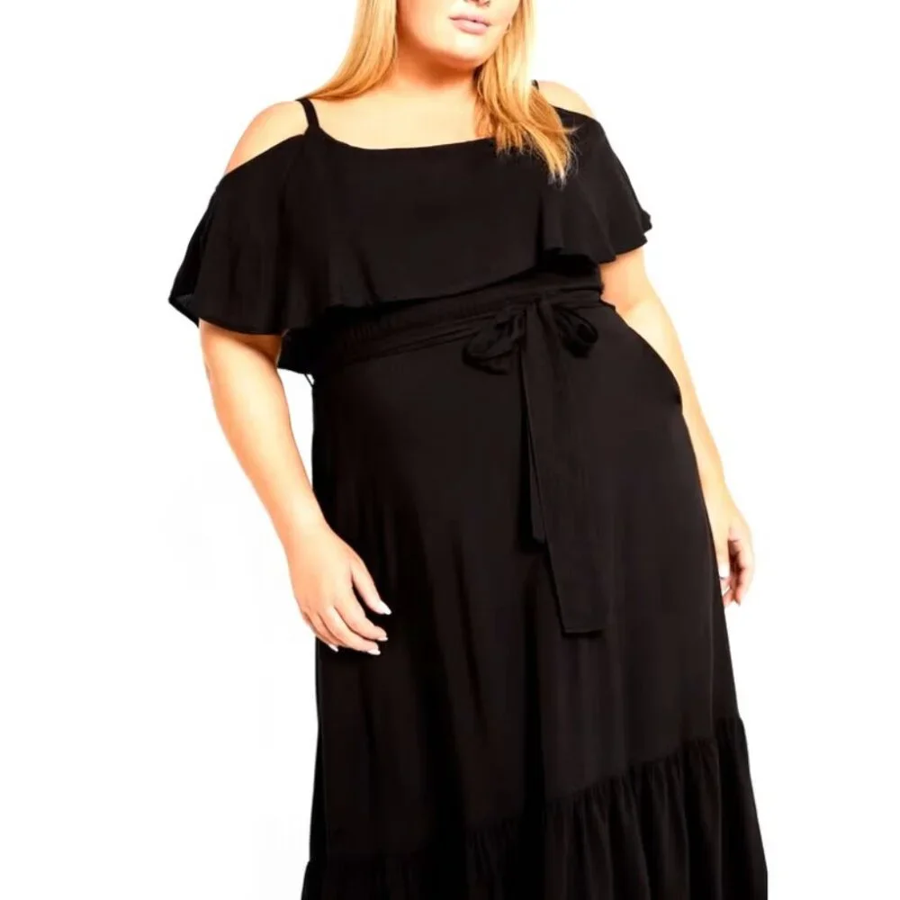 NWT Avenue Black Cold Shoulder Overlay Tie Waist Midi Dress 20